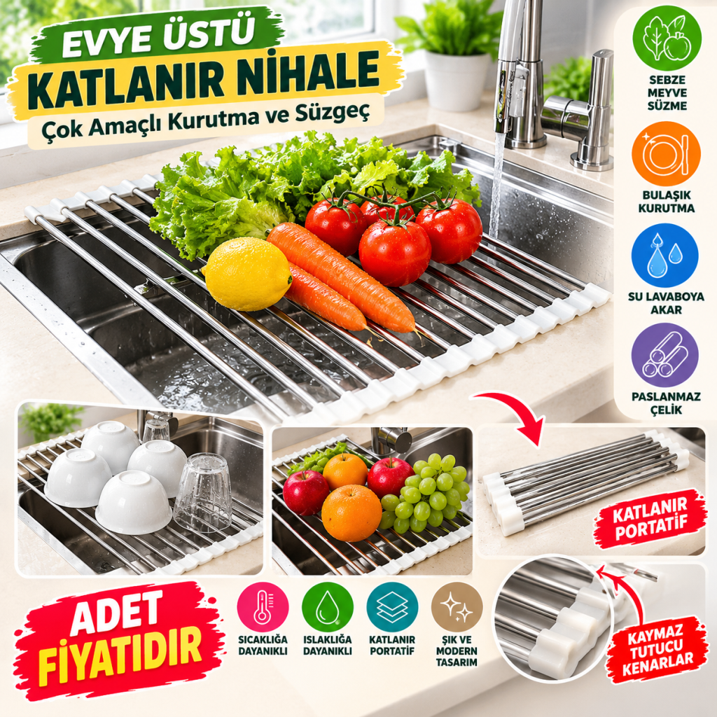 Evye Üstü Katlanır Nihale Paslanmaz Çelik Pratik Sebze Meyve Bulaşık Kurutma Süzgeci (adet fiyatıdır)