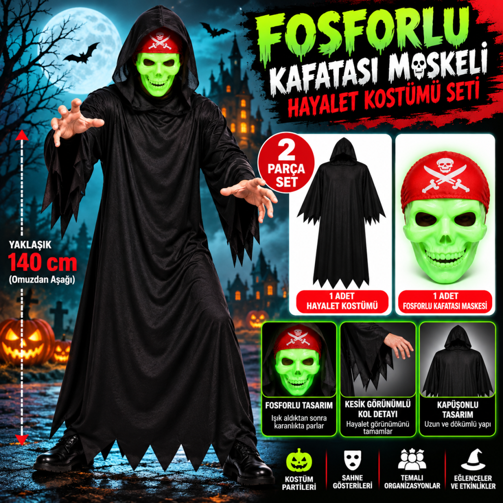Fosforlu Kafatası Maskeli Siyah Hayalet Kostümü – 140 cm