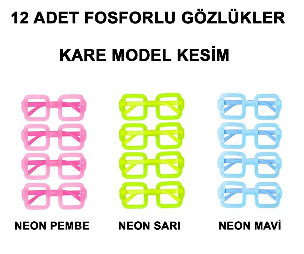   Fosforlu Kare Model Glow Parti Gözlüğü Karanlıkta Yanan Gözlükler 12 Adet