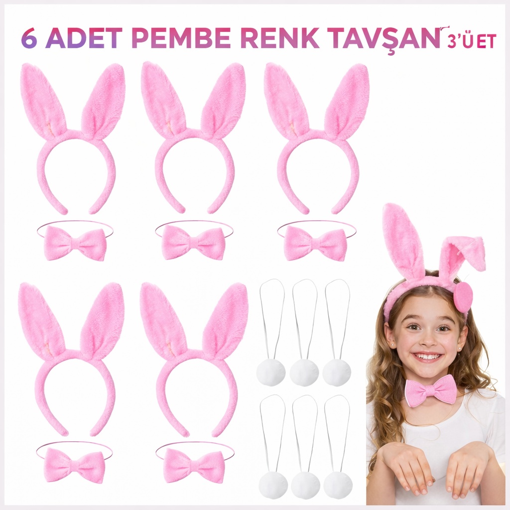 Full Pembe Renk Tavşan Sahne Seti 6&amp;#39;lı Set Taç Papyon Kuyruk