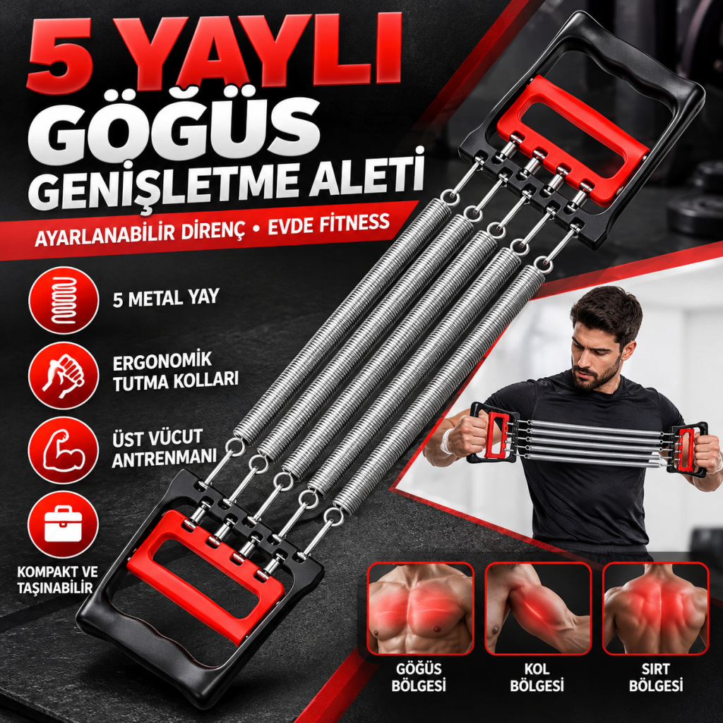 Göğüs Genişletme ve Kuvvet Egzersiz Aleti – 5 Yaylı 5 Kademeli Ayarlanabilir Fitness ve Kuvvet Antrenmanı Ekipmanı