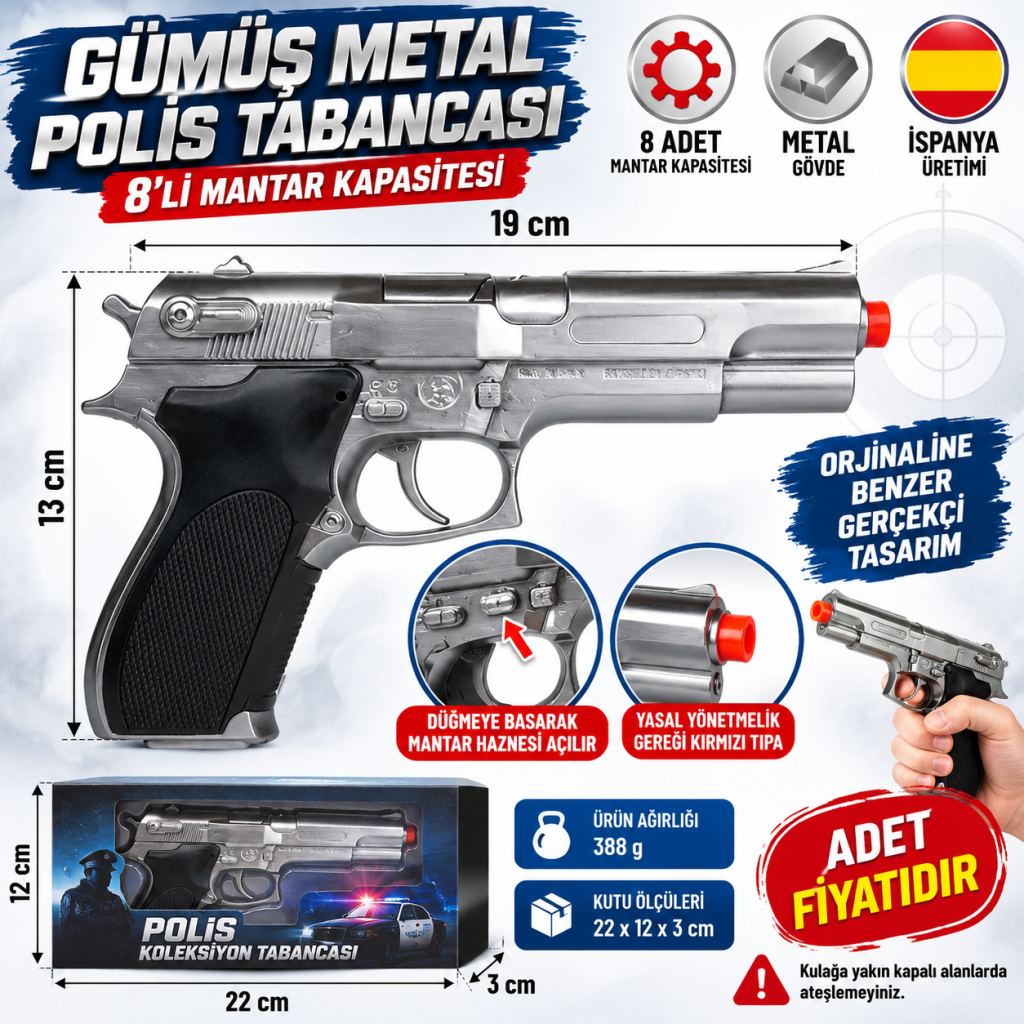 Gonher 8'li Gümüş Metal Polis Koleksiyon Tabancası