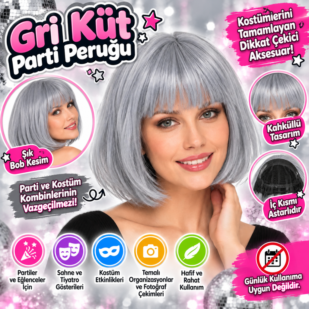 Gri Küt Parti Peruğu – Kahküllü Sentetik Kostüm Peruğu