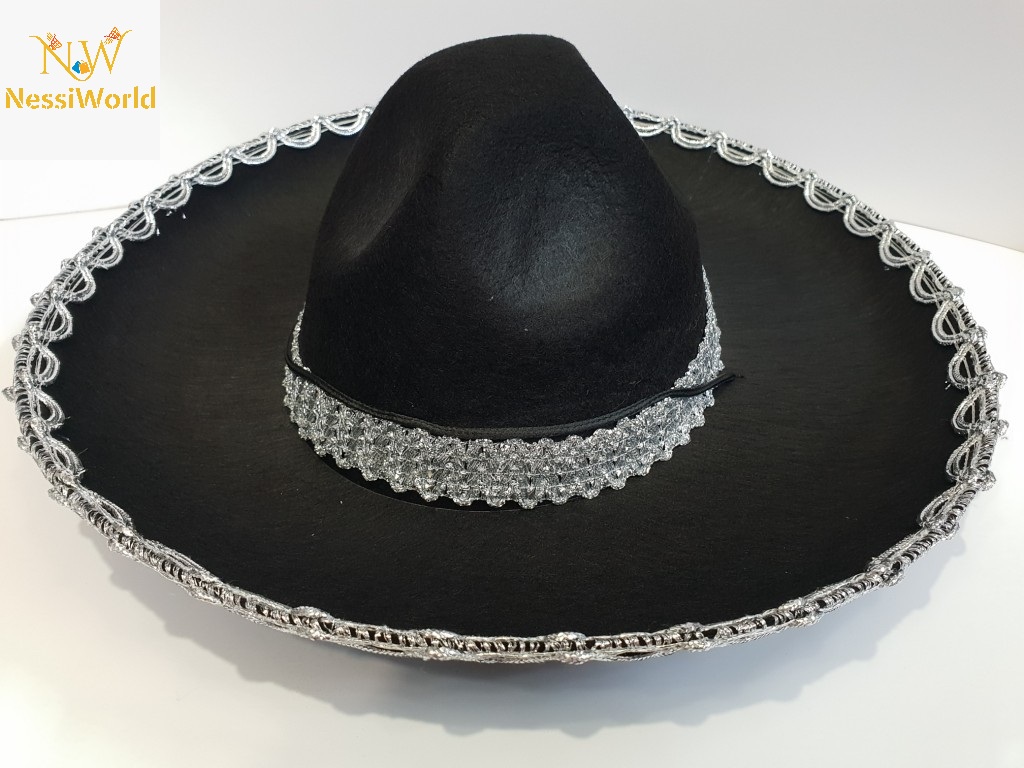 Gümüş Renk Şeritli Meksika Mariachi Latin Şapkası 55 cm Çocuk
