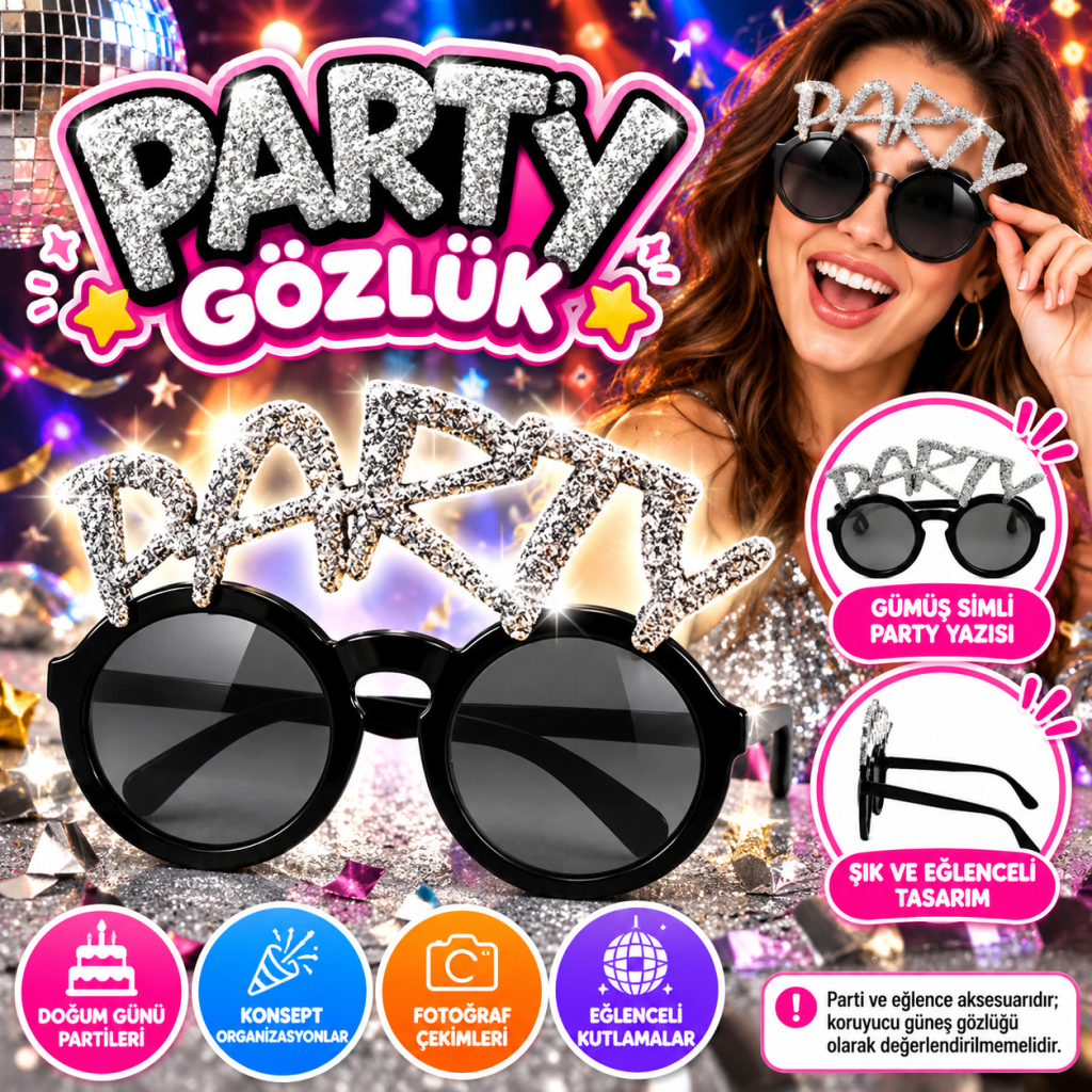 Gümüş Simli PARTY Yazılı Parti Gözlüğü