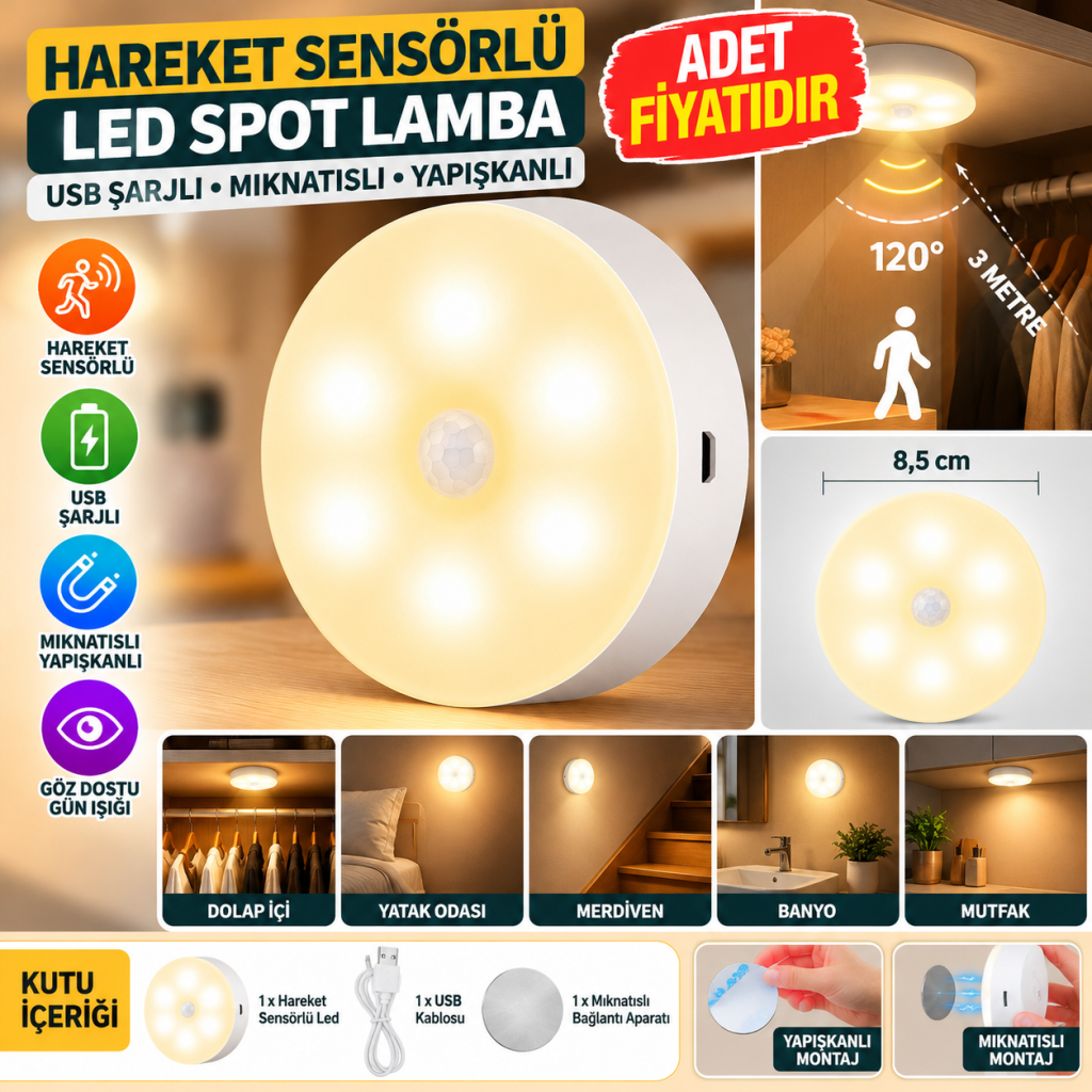 Hareket Sensörlü Usb Şarjlı Spot Lamba Mıknatıslı ve Yapışkanlı Gün Işığı Renk Led (adet fiyatıdır)
