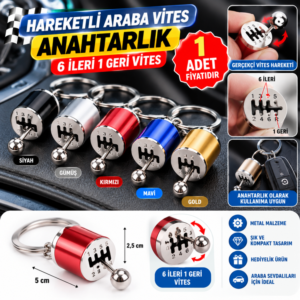 Hareketli Araba Vites Anahtarlık Altı Hız Manuel Vites Dişli Shifter Topuzu Metal Anahtarlık (adet fiyatıdır)