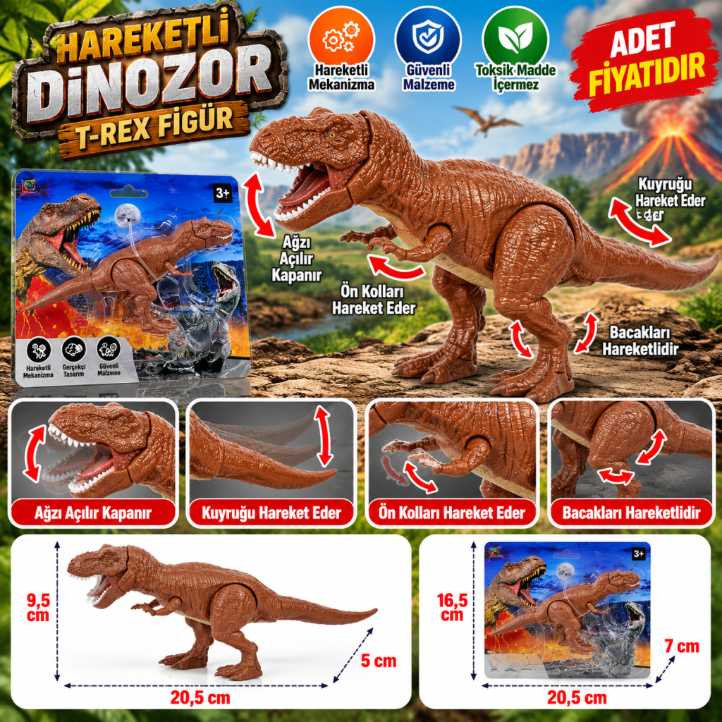 Hareketli Dinozor Figür Kahverengi