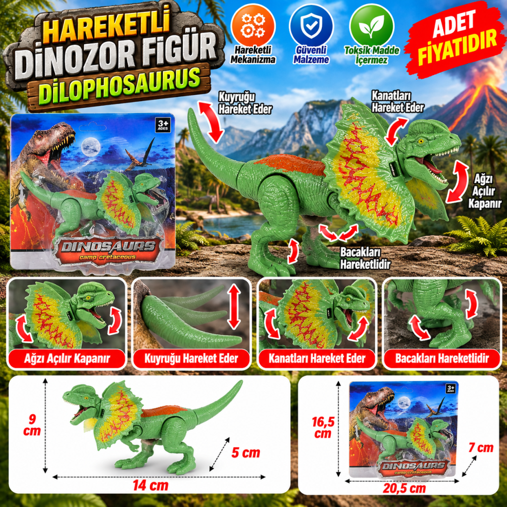 Hareketli Dinozor Figür Yeşil Dilophosaurus