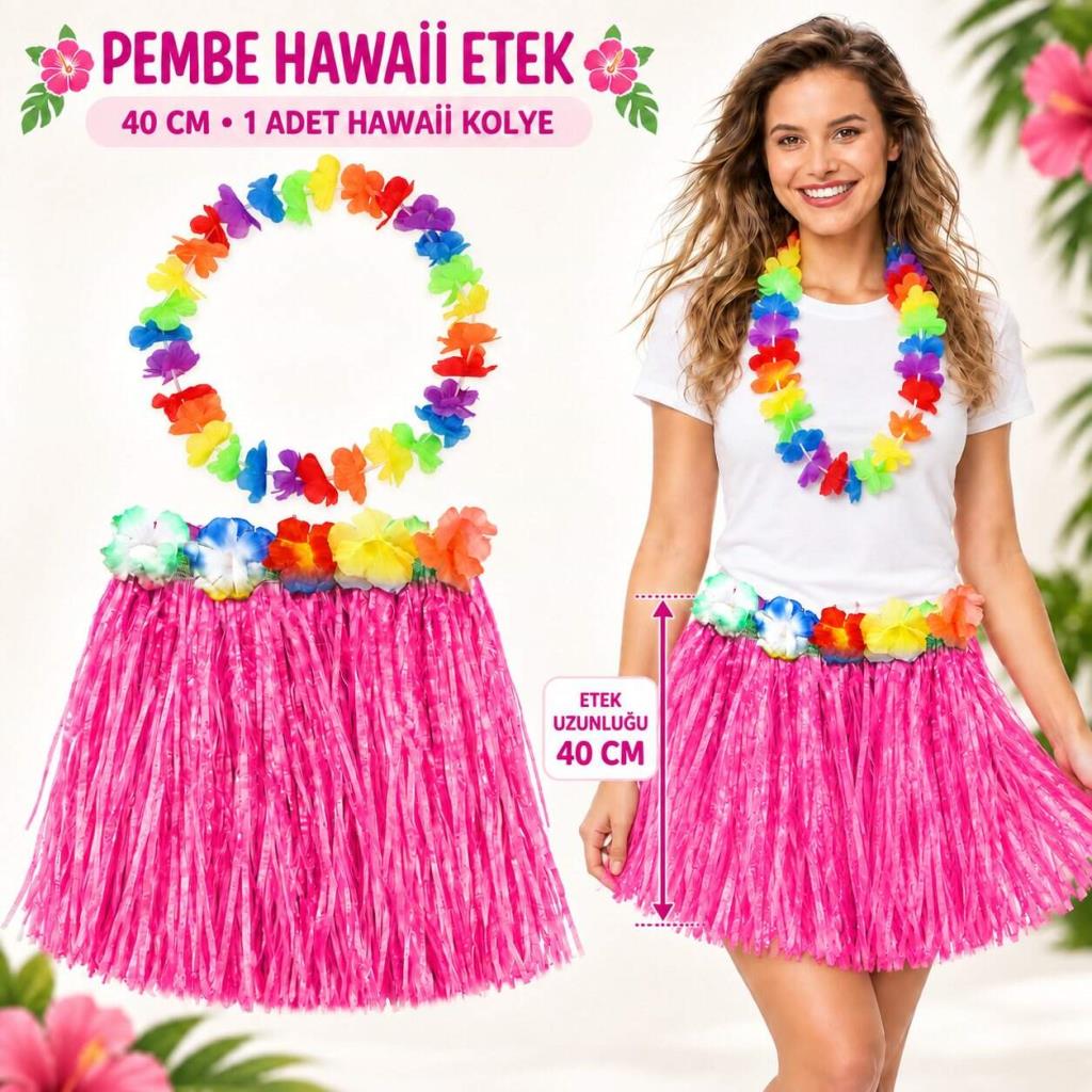 Hawaii Luau Aloha Pembe Püsküllü 40 cm Etek ve Hawaii Kolye Seti