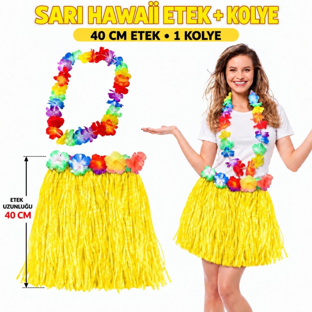 Hawaii Luau Aloha Sarı Püsküllü 40 cm Etek ve Hawaii Kolye
