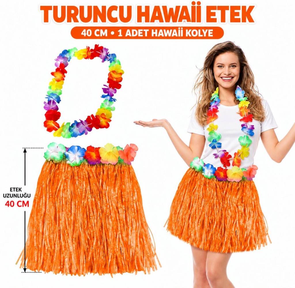 Hawaii Luau Aloha Turuncu Püsküllü 40 cm Etek ve Hawaii Kolye Seti