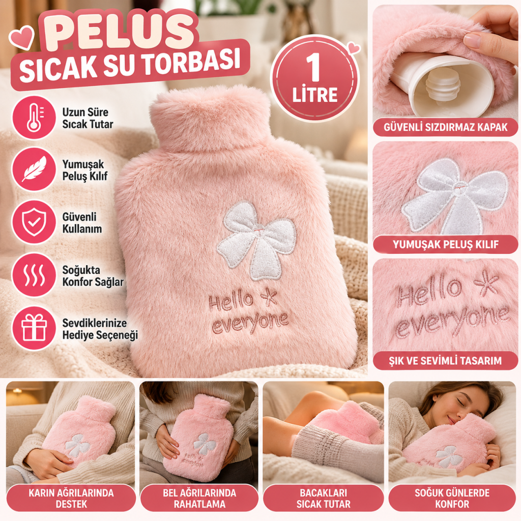 Hello Everyone Yazılı Kurdeleli Pembe Peluş Sıcak Su Torbası 1 Lt – Yumuşak Kılıf, Uzun Süre Sıcak Tutan Termal Su Torbası