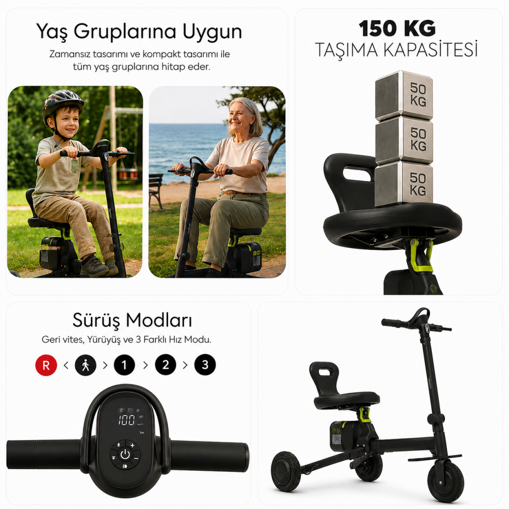 3 Tekerlekli Katlanabilir Elektrikli Oturulabilir Scooter Siyah