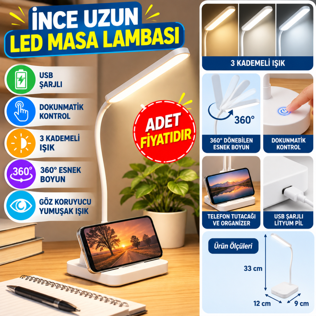 İnce Uzun USBli Dokunmatik 3 Kademeli 360 Derece Özel Göz Korumalı led Lityum Masa Lambası (adet fiyatıdır)