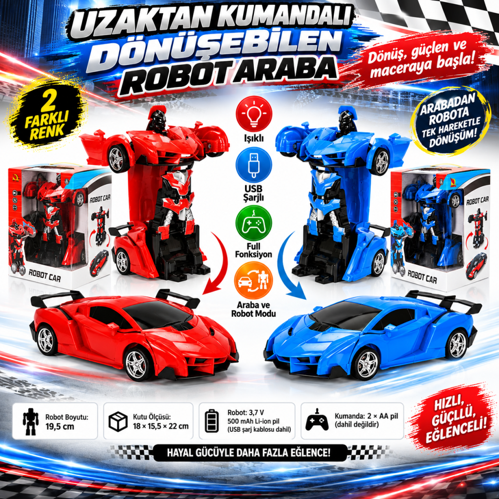 Işıklı USB Şarjlı Uzaktan Kumandalı Arabaya Dönüşebilen Robot(adet fiyatıdır)