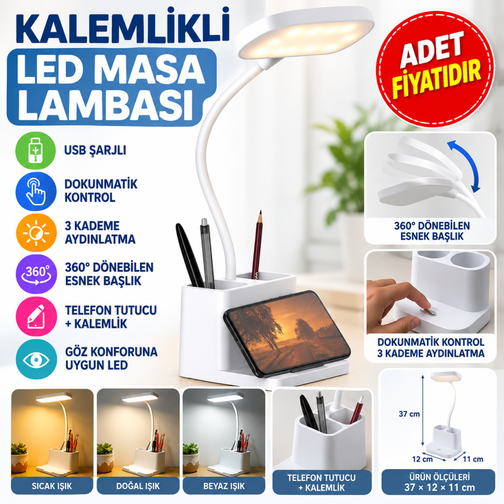 Kalemlikli USBli Dokunmatik 3 Kademeli 360 Derece Özel Göz Korumalı led Lityum Masa Lambası (adet fiyatıdır)