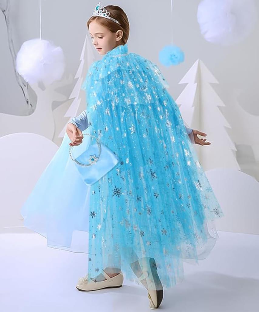 Karlar Ülkesi Elsa Frozen Mavi Pelerin – 80 cm Kar Desenli Çocuk Pelerini ( Taç Hariç )