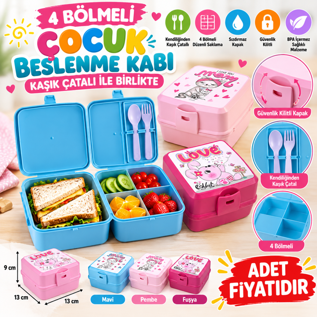 Kendiliğinden Kaşık Çatallı Beslenme Kutusu 4 Bölmeli Çocuk Beslenme Kabı Saklama Kutusu(adet fiyatıdır)