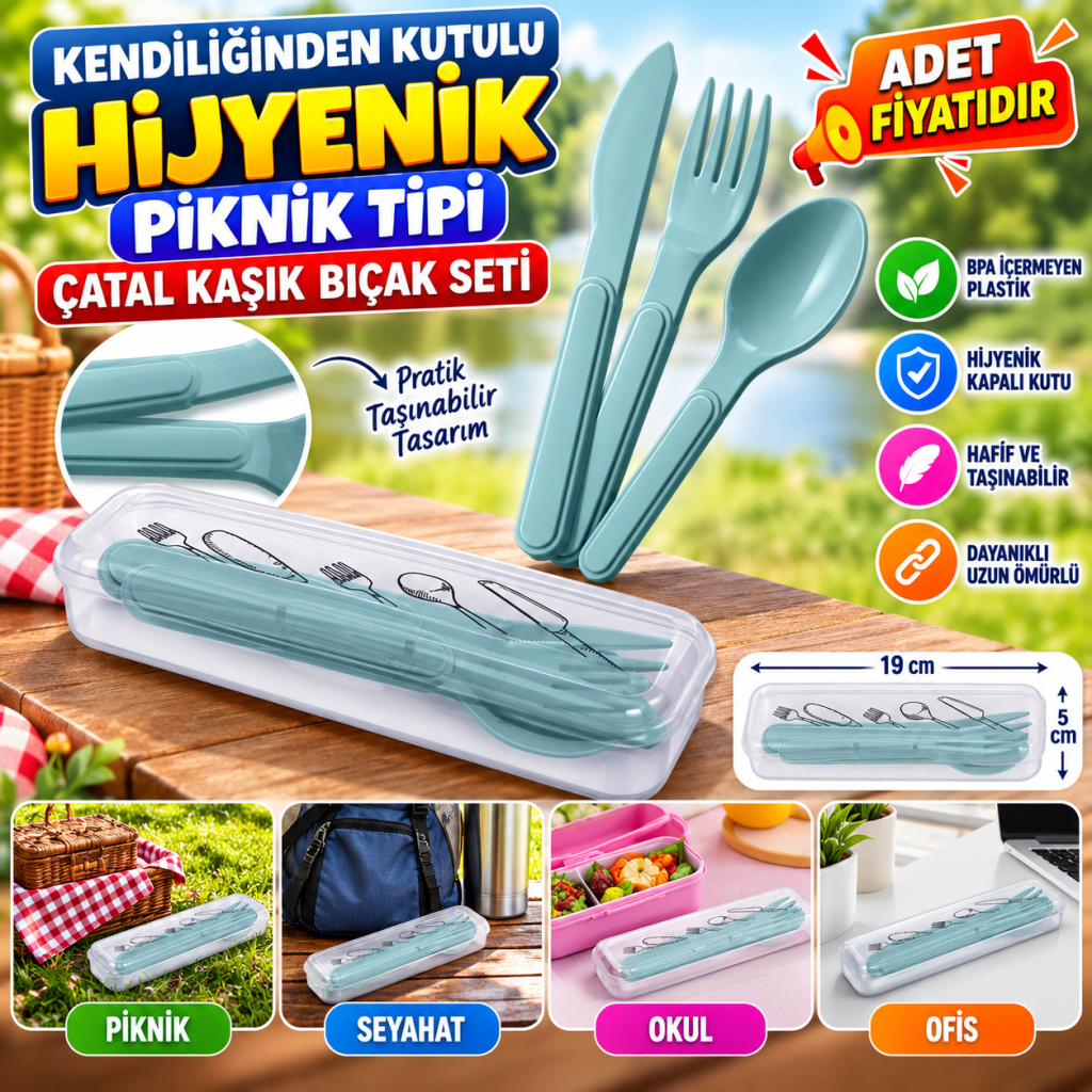 Kendiliğinden Kutulu Hijjenik Plastik Piknik Tipi Çatal Kaşık Bıçak Seti (adet fiyatıdır)