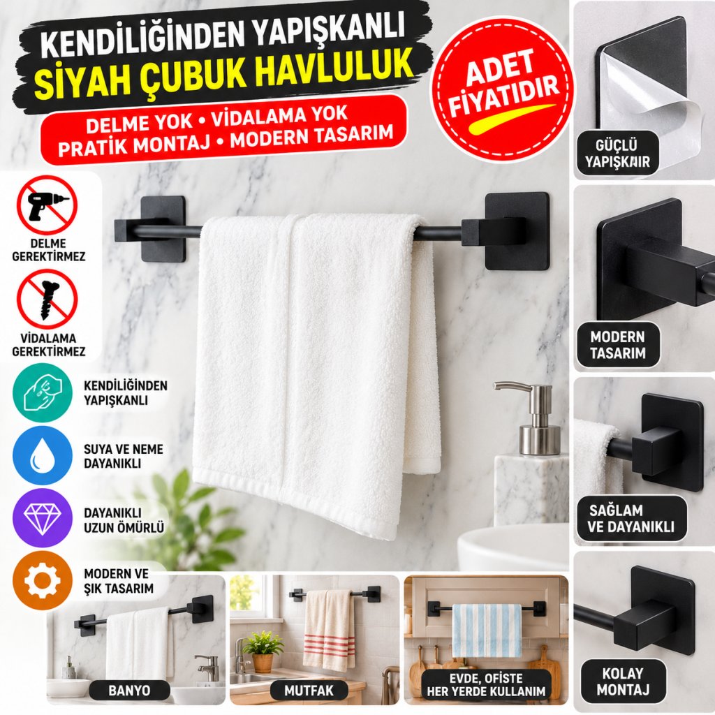 Kendiliğinden Yapışkanlı Siyah Çubuk Havluluk (adet fiyatıdır)
