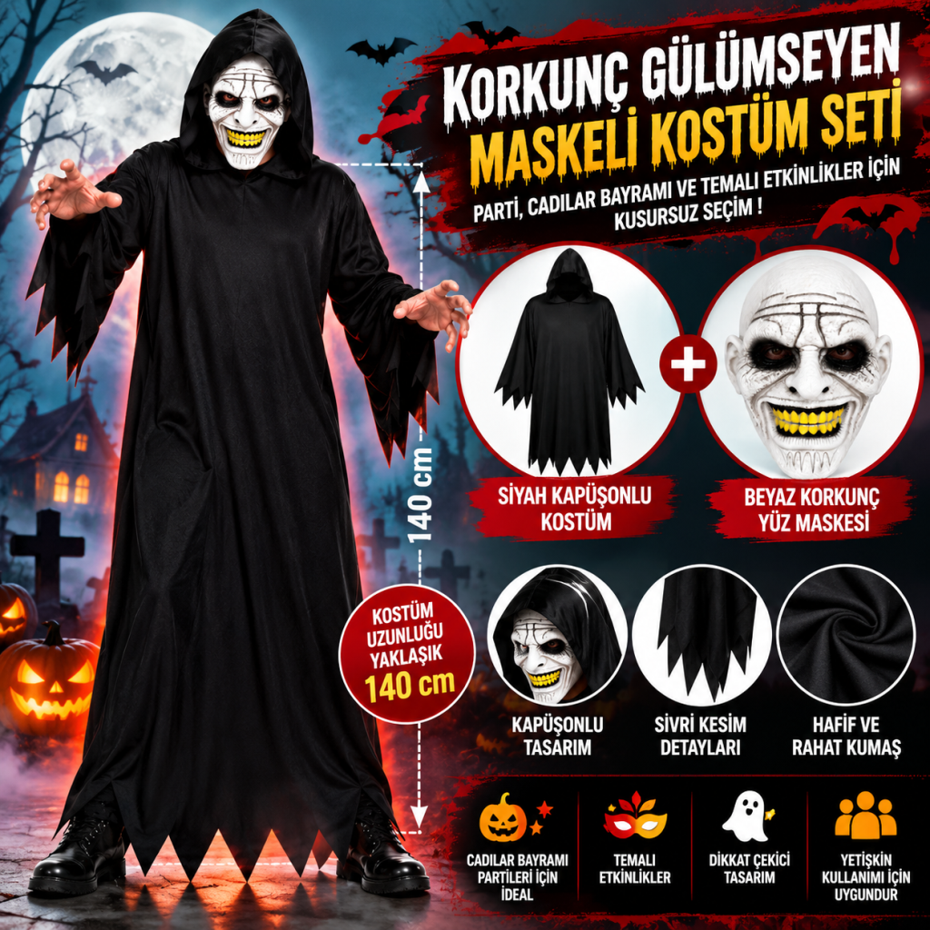 Korkunç Gülümseyen Maskeli Siyah Kapüşonlu Kostüm Seti 140 cm