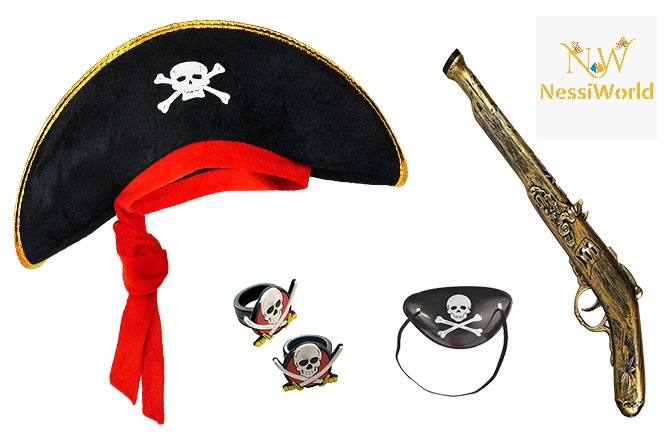 Korsan Şapkası + Tabanca + Maske + 2 Adet Yüzük Kostüm Seti Çocuk