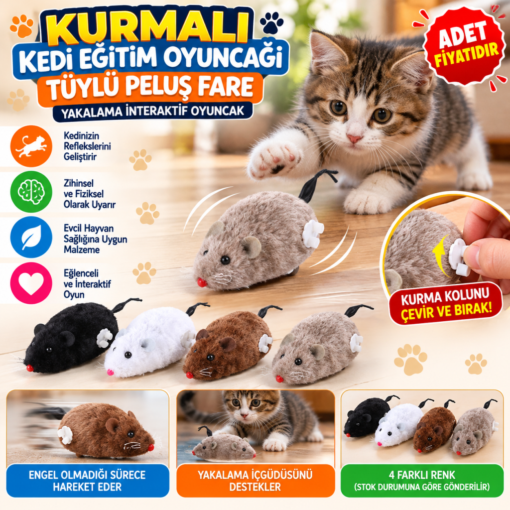 Kurmalı Kedi Eğitim Oyuncağı Tüylü Peluş Fare Yakalama İnteraktif Sevimli Eğlenceli Oyuncak (adet fiyatıdır)