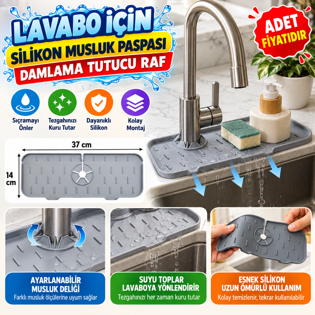 Lavabo İçin Silikon Esnek Mat Musluk Sapı Damlama Tutucu Raf Mutfak Tezgahı Sıçrama Koruma (adet fiyatıdır)
