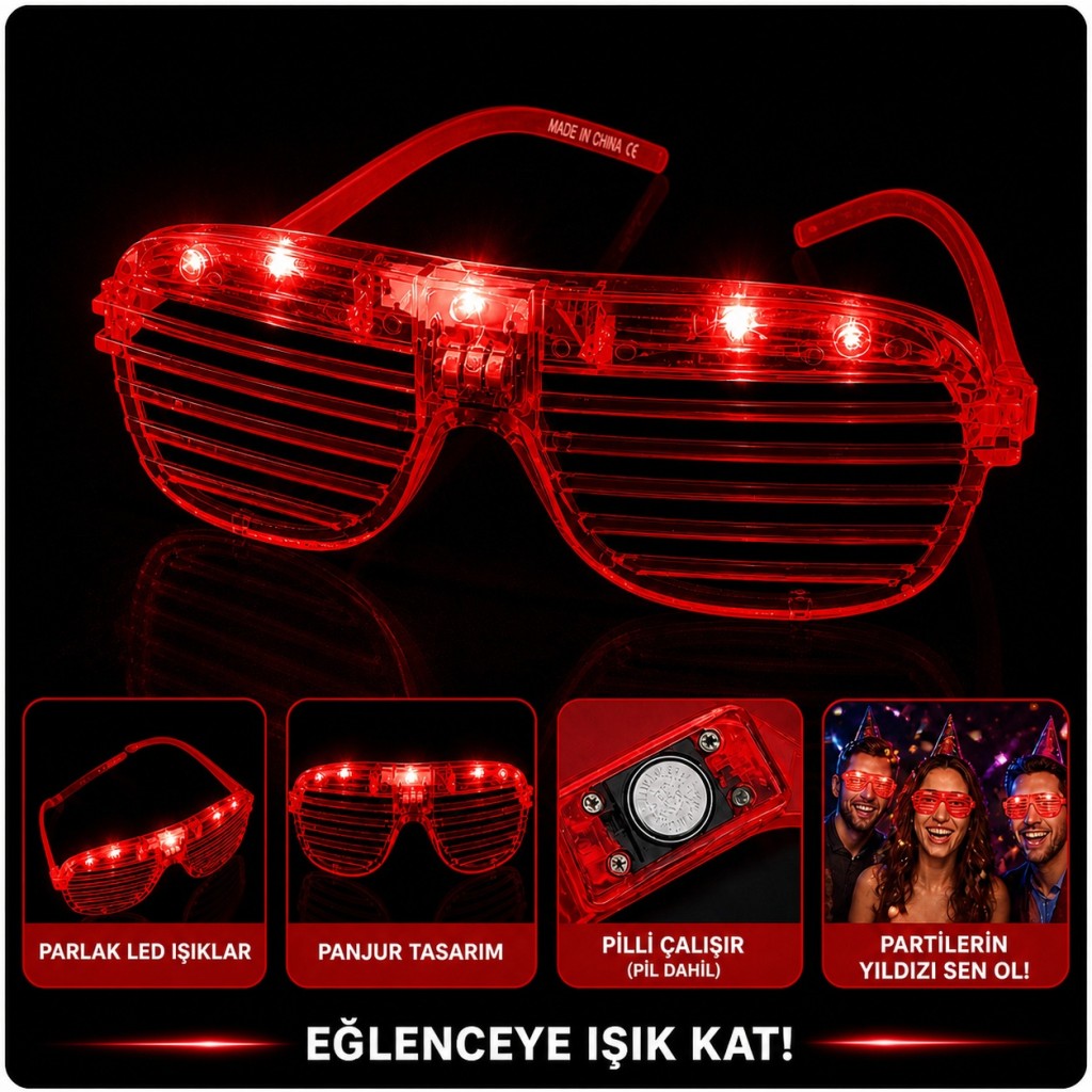 LED Işıklı Panjur Parti Gözlüğü Kırmızı Renk Gözlük