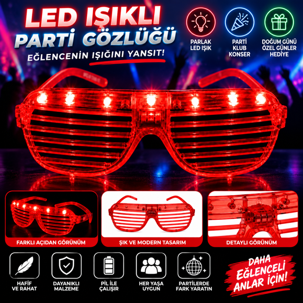 LED Işıklı Panjur Parti Gözlüğü Kırmızı Renk Shutter Gözlük