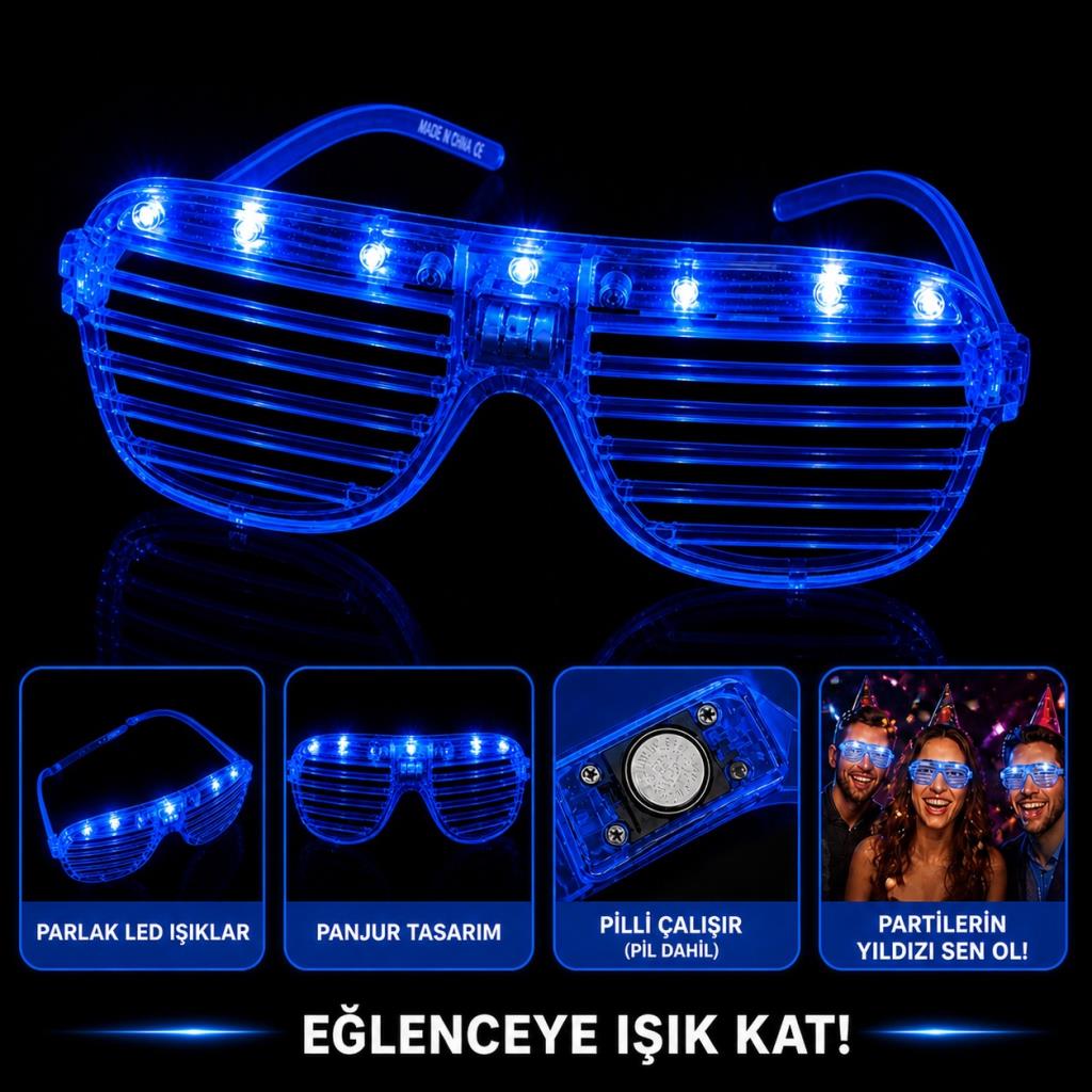 LED Işıklı Panjur Parti Gözlüğü Mavi Renk Shutter Gözlük