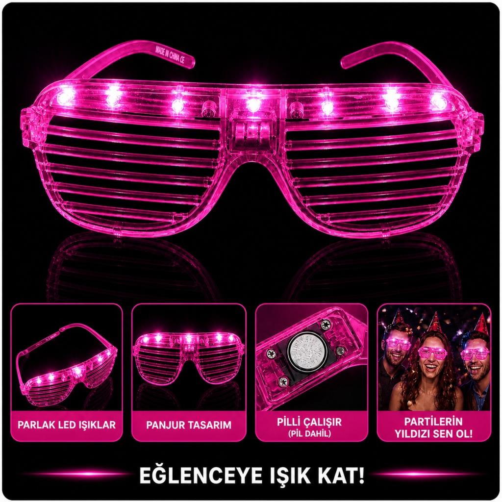 LED Işıklı Panjur Parti Gözlüğü Pembe Renk Shutter Gözlük