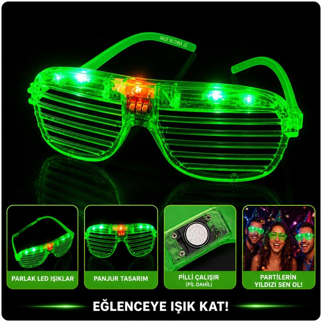 LED Işıklı Panjur Parti Gözlüğü Yeşil Renk Shutter Gözlük