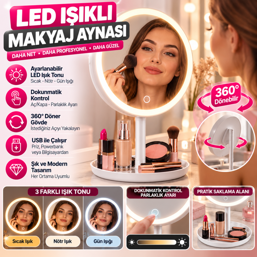 LED Işıklı Yuvarlak Makyaj Aynası – Dokunmatik Ayarlanabilir Işık Tonlu, 360° Döner Masaüstü Profesyonel Makyaj ve Cilt Bakım Aynası