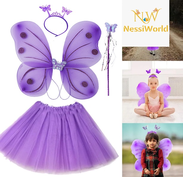 Lila Mor Kelebek Kostümü - Lila Mor Kelebek Kostüm Aksesuar Seti 4 Parça