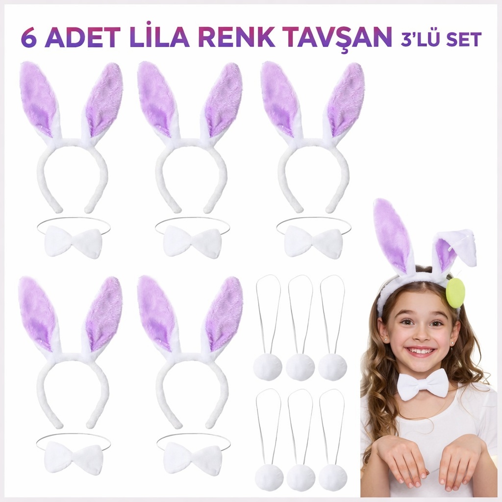 Lila Tavşan Sahne Seti 6&amp;#39;lı Set Taç Papyon Kuyruk