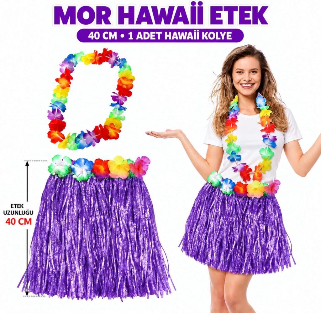 Luau Aloha Mor Hawaii Etek 40 cm ve 4’lü Hawaii Seti