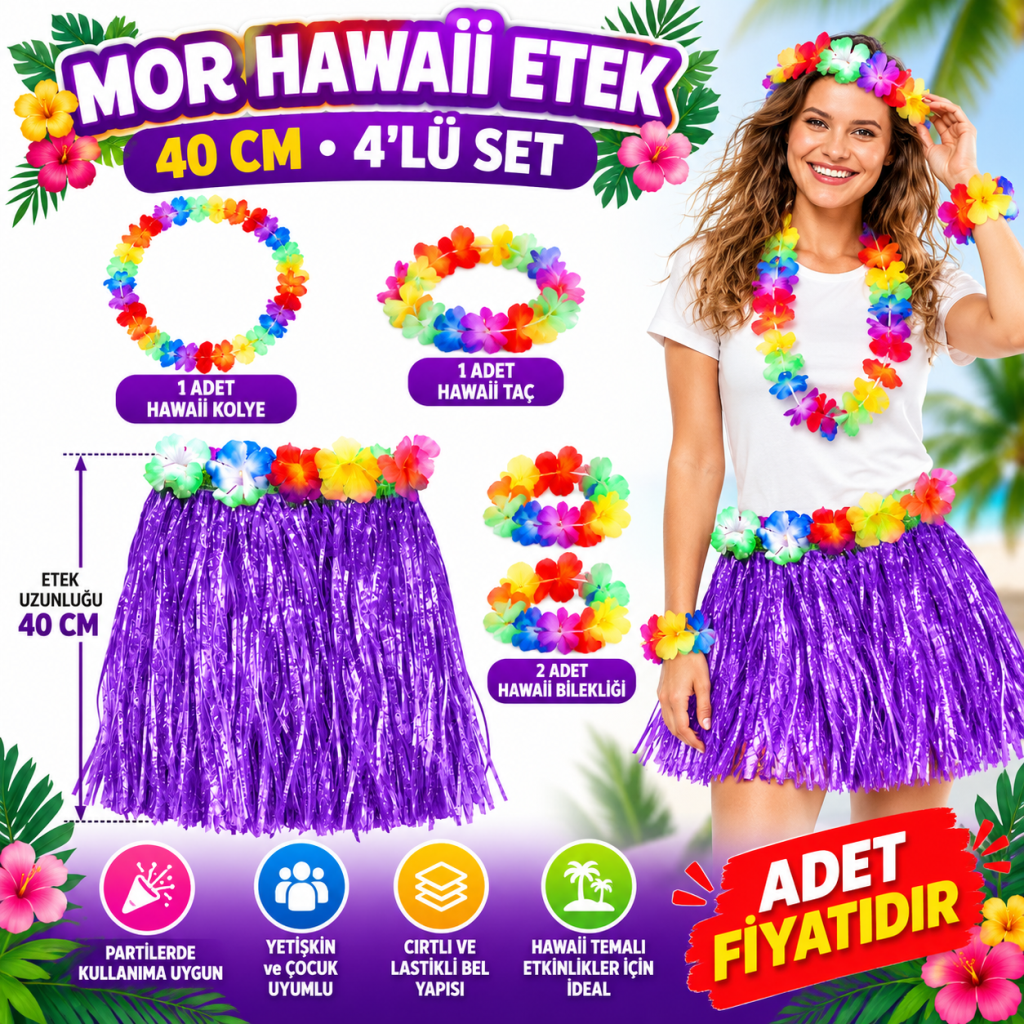 Luau Aloha Mor Hawaii Etek 40 cm ve 4’lü Hawaii Seti