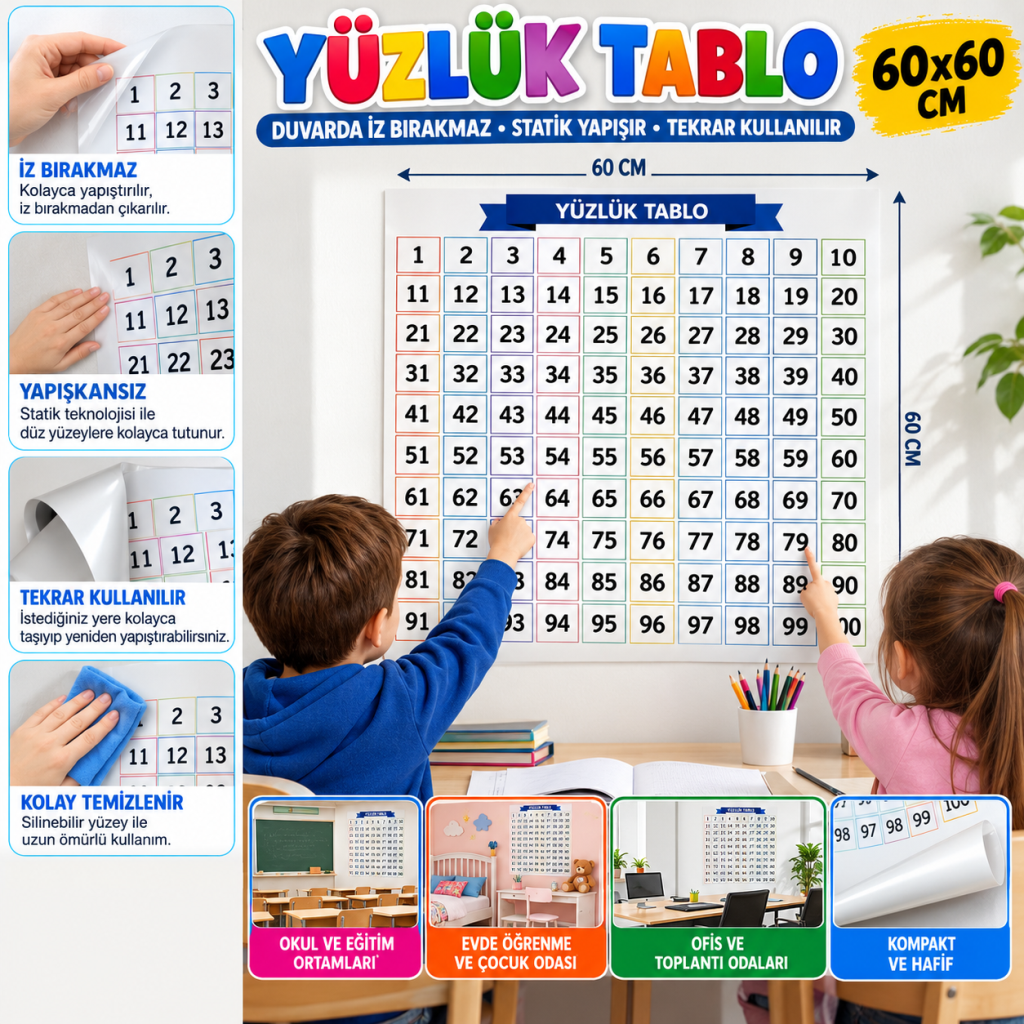 Matematik Öğreten Yüzlük Tablo Duvarda İz Bırakmaz Akıllı Kağıt Yapışkansız Statik 60x60 cm