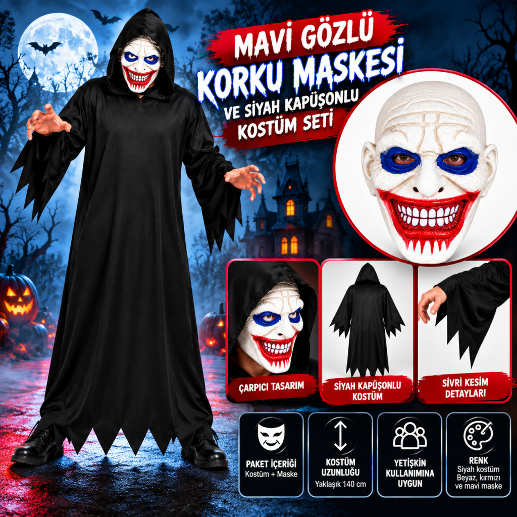 Mavi Gözlü Korku Maskesi ve Siyah Kapüşonlu Kostüm Seti 140 cm