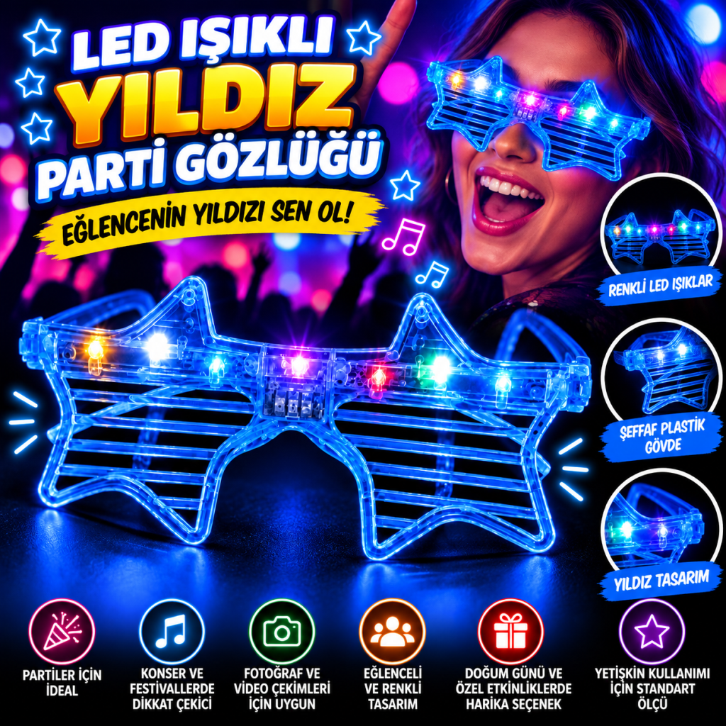 Mavi Led Işıklı Yıldız Parti Gözlüğü