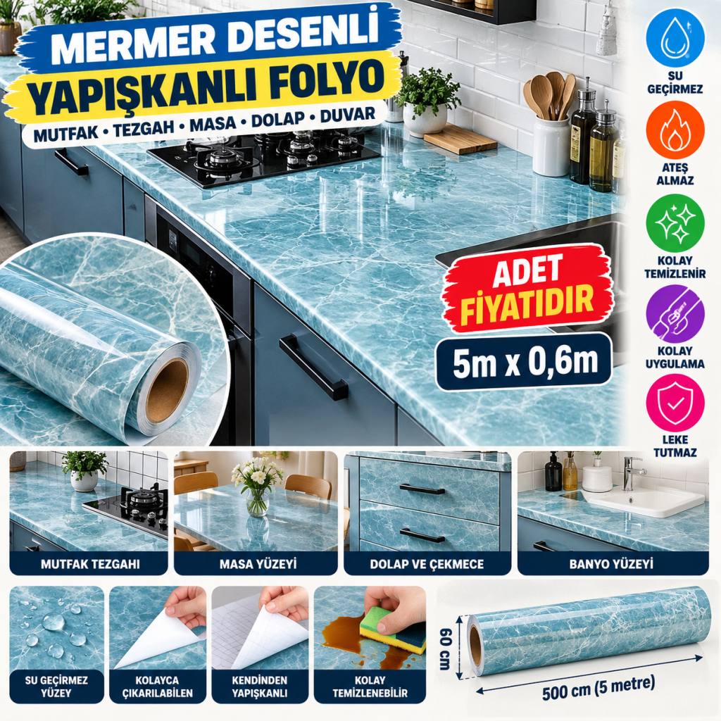 Mermer Desenli Masa Tezgah Mutfak Su Geçirmez Yapışkanlı Folyo Sticker Mavi 5x0,6m