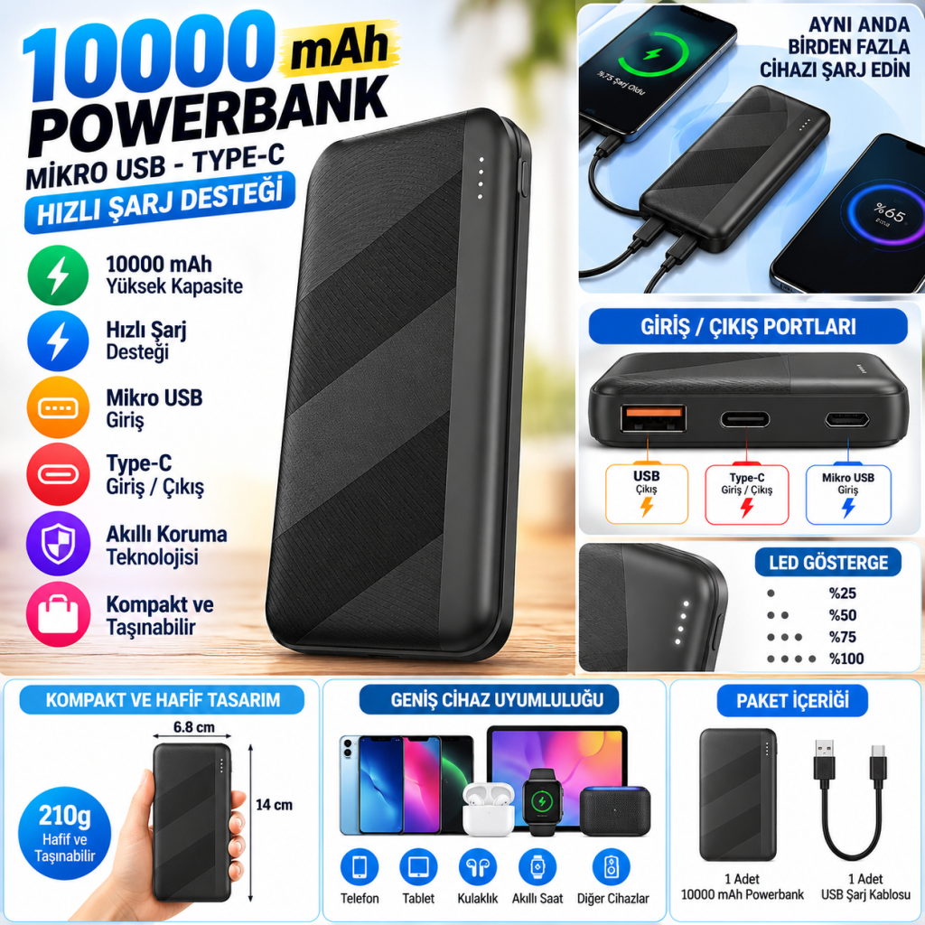Mikro Type-C USB Hızlı Şarj Edebilen 10000 mAh Powerbank