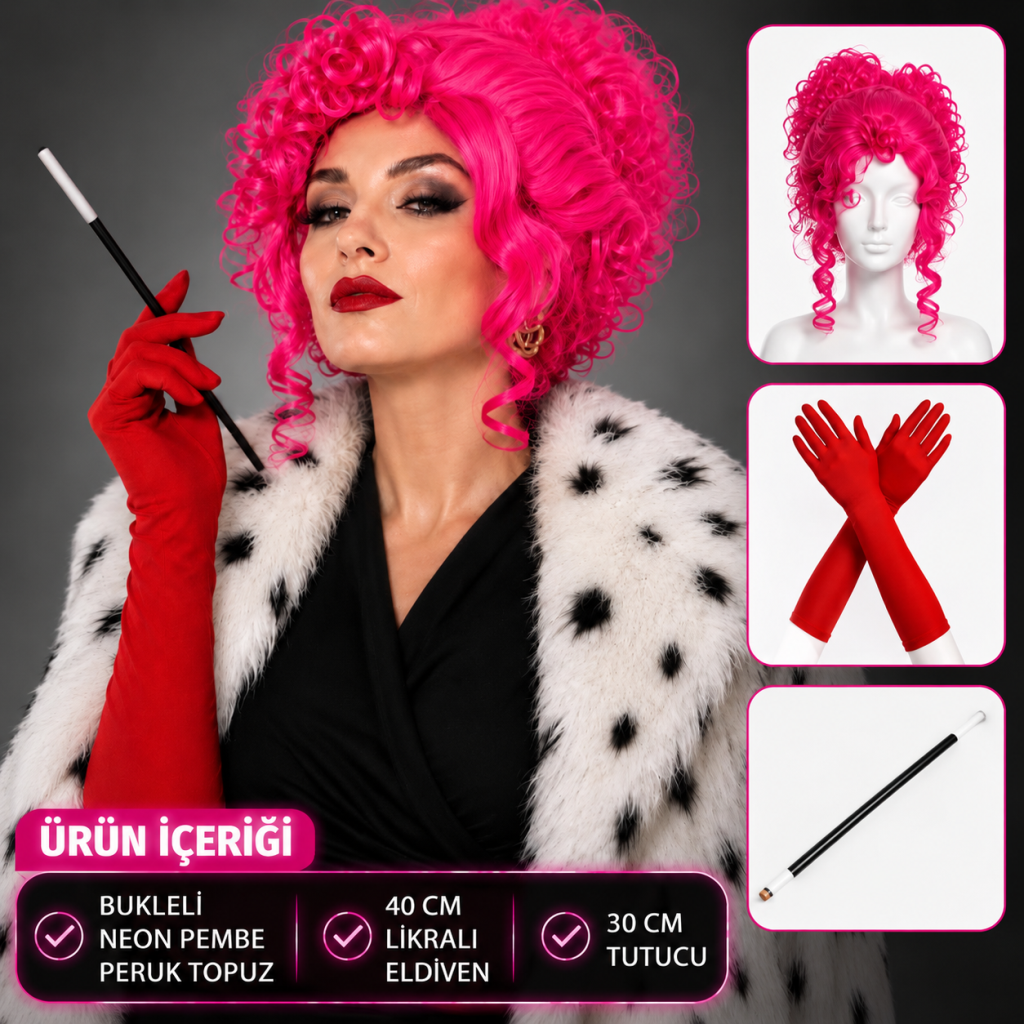 Neon Bukleli Pembe Peruk Uzun Kumaş Kırmızı Eldiven ve Tutucu Seti (3 Parça)
