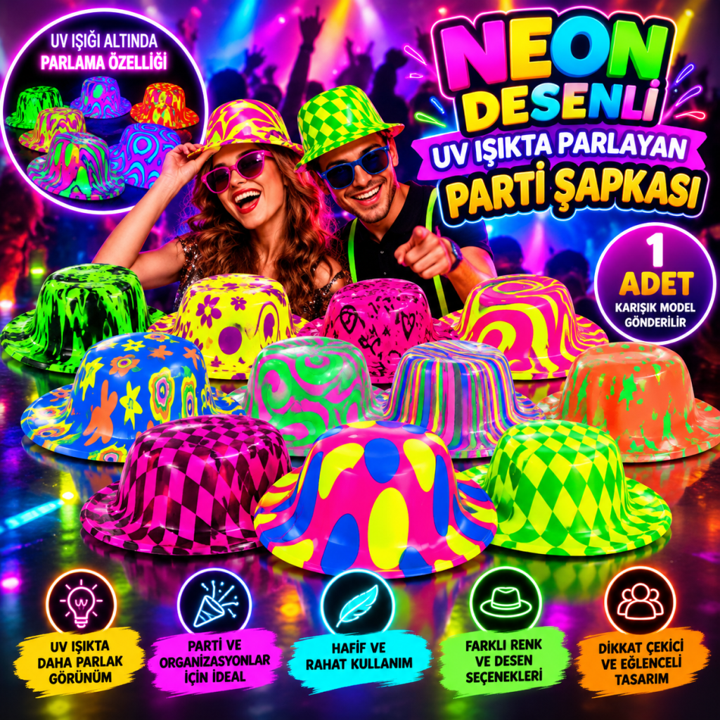 Neon Desenli UV Işıkta Parlayan Parti Şapkası – Karışık 1 Adet