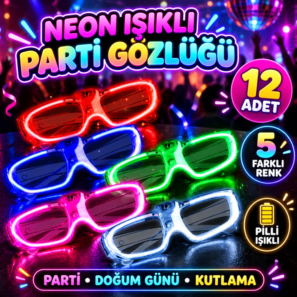 Neon Işıklı Parti Gözlüğü Pilli – 12’li Paket 5 Renk