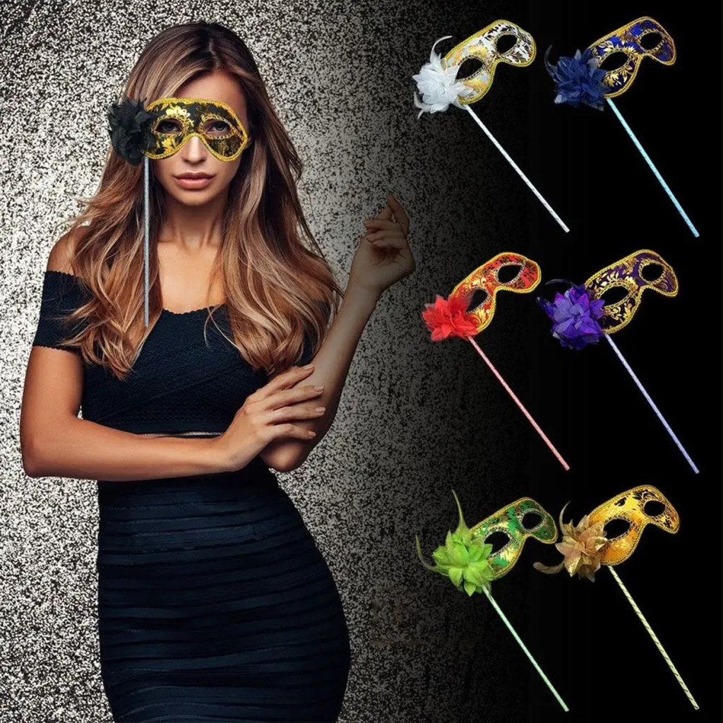 NessiWorld Lüks Taşlı Saplı Maskeli Balo Maskesi Altın Renk 35 cm
