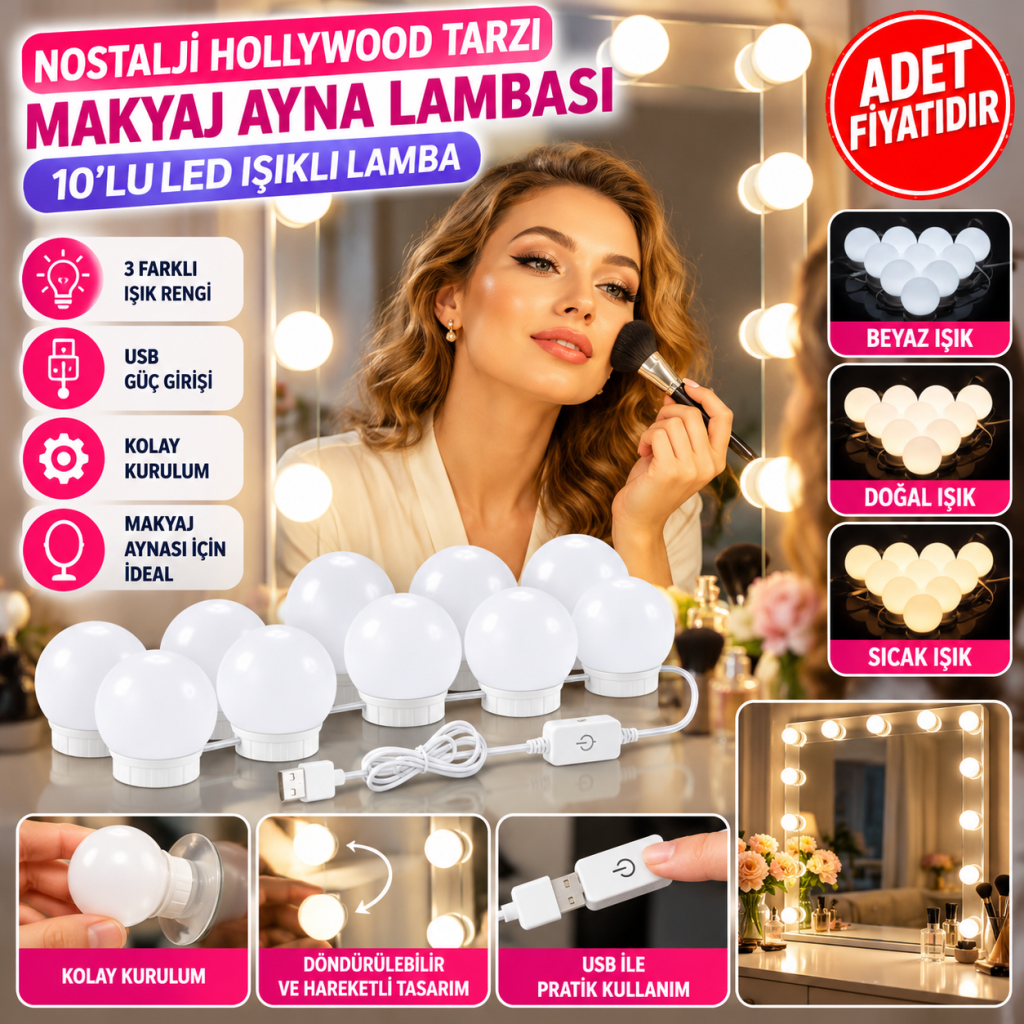 Nostalji Hollywood Tarzı 10lu Makyaj Masası Aynası Beyaz Led Işıklı Lamba USB