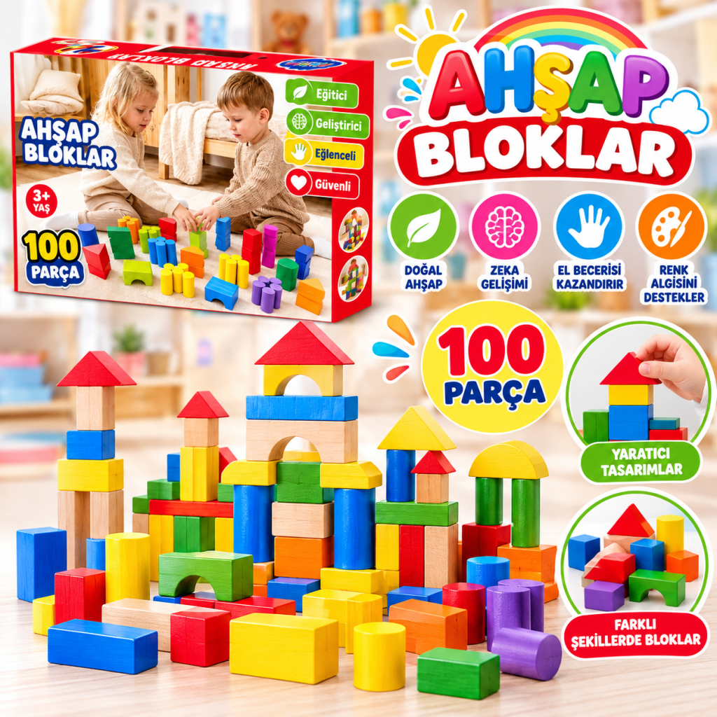 ONY-417 Kutuda Ahşap 100 Parça Renkli Bloklar